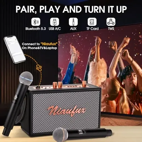 Retro Karaoke Machine with Two Wireless Microphones, Portable Bluetooth Speaker for Adults and Kids, Rechargeable PA System for Home Party, AUX/USB/TF/OTG Support, Vintage Decor Gifts - 3