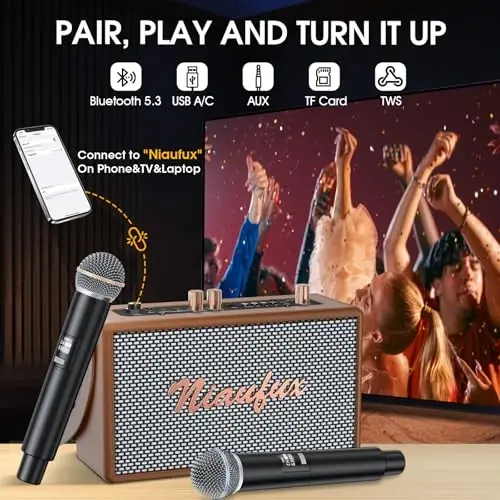 Retro Karaoke Machine with Two Wireless Microphones, Portable Bluetooth Speaker for Adults & Kids, PA System for Home Party, AUX/USB/TF Support, Birthday for Women & Girls- Brown - 1