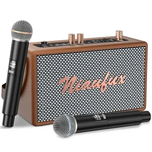 Retro Karaoke Machine with Two Wireless Microphones, Portable Bluetooth Speaker for Adults & Kids, PA System for Home Party, AUX/USB/TF Support, Birthday for Women & Girls- Brown - 2