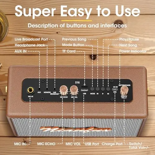 Retro Karaoke Machine with Two Wireless Microphones, Portable Bluetooth Speaker for Adults & Kids, PA System for Home Party, AUX/USB/TF Support, Birthday for Women & Girls- Brown - 4