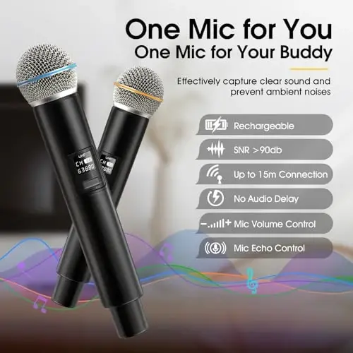 Retro Karaoke Machine with Two Wireless Microphones, Portable Bluetooth Speaker for Adults & Kids, PA System for Home Party, AUX/USB/TF Support, Birthday for Women & Girls- Brown - 5
