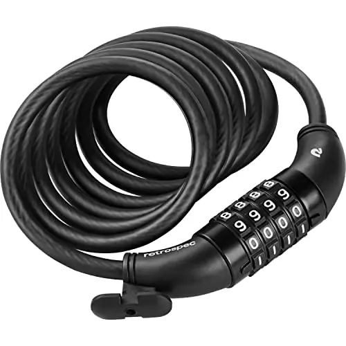 Retrospec Grizzly Plus Kabelli Velosiped Kombinatsiya Qulf, Og'ir Vazifali Anti-O'g'irlik Velosiped Kabel Qufli, 5 Xonali Maxsus Kombinatsiya va O'rnatish Qavs bilan 6 Futli Spiralli Kesishga Chidamli Kabel 
