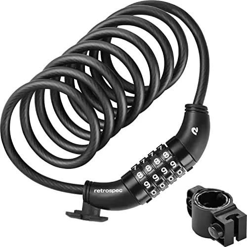 Retrospec Grizzly Plus Kabelli Velosiped Kombinatsiya Qulf, Og'ir Vazifali Anti-O'g'irlik Velosiped Kabel Qufli, 5 Xonali Maxsus Kombinatsiya va O'rnatish Qavs bilan 6 Futli Spiralli Kesishga Chidamli Kabel - 5