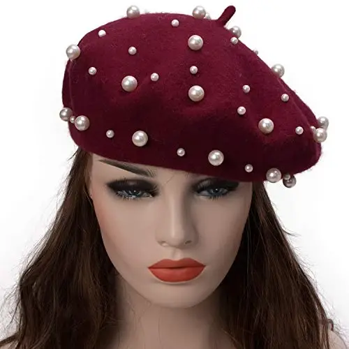 Retzjorv Women's Wool Berets Sweet French Pearl Beaded Beret Cap Winter Hat Knitted Beanie Hat for Girls - 2