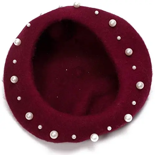 Retzjorv Women's Wool Berets Sweet French Pearl Beaded Beret Cap Winter Hat Knitted Beanie Hat for Girls - 3