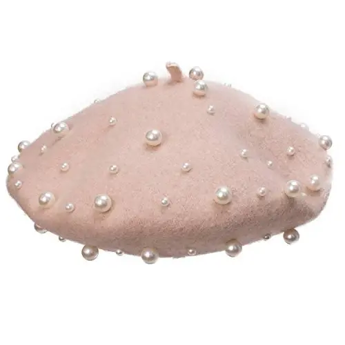 Retzjorv Women's Wool Berets Sweet French Pearl Beaded Beret Cap Winter Hat Knitted Beanie Hat for Girls - 1