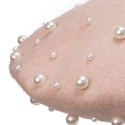 Retzjorv Women's Wool Berets Sweet French Pearl Beaded Beret Cap Winter Hat Knitted Beanie Hat for Girls - 5