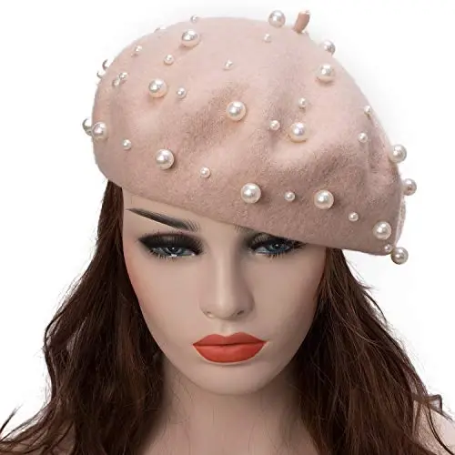 Retzjorv Women's Wool Berets Sweet French Pearl Beaded Beret Cap Winter Hat Knitted Beanie Hat for Girls - Modazone (1)