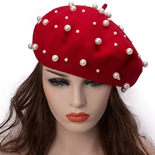 Retzjorv Women's Wool Berets Sweet French Pearl Beaded Beret Cap Winter Hat Knitted Beanie Hat for Girls - 2