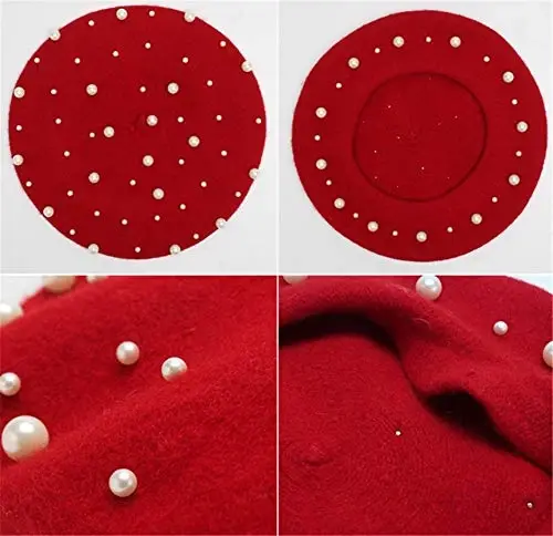 Retzjorv Women's Wool Berets Sweet French Pearl Beaded Beret Cap Winter Hat Knitted Beanie Hat for Girls - 4