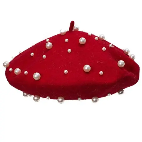 Retzjorv Women's Wool Berets Sweet French Pearl Beaded Beret Cap Winter Hat Knitted Beanie Hat for Girls - 6