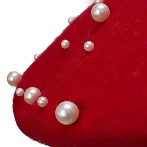 Retzjorv Women's Wool Berets Sweet French Pearl Beaded Beret Cap Winter Hat Knitted Beanie Hat for Girls - 7