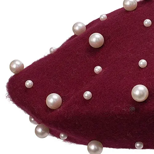Retzjorv Women's Wool Berets Sweet French Pearl Beaded Beret Cap Winter Hat Knitted Beanie Hat for Girls - 6