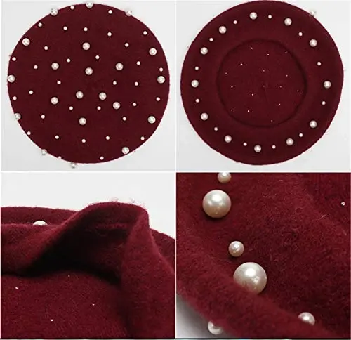 Retzjorv Women's Wool Berets Sweet French Pearl Beaded Beret Cap Winter Hat Knitted Beanie Hat for Girls - 4