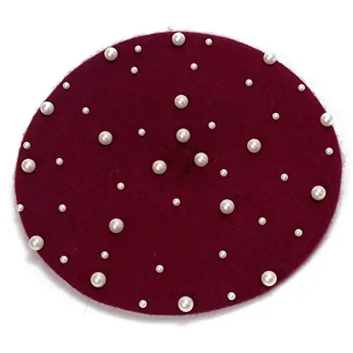 Retzjorv Women's Wool Berets Sweet French Pearl Beaded Beret Cap Winter Hat Knitted Beanie Hat for Girls - 5