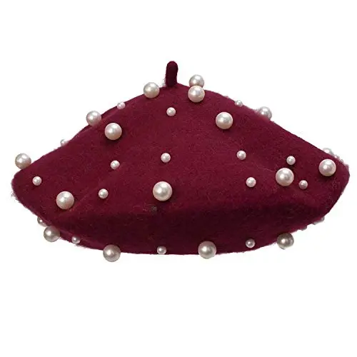 Retzjorv Women's Wool Berets Sweet French Pearl Beaded Beret Cap Winter Hat Knitted Beanie Hat for Girls - 7