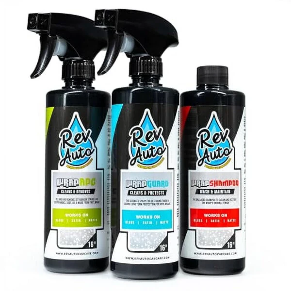 Rev Auto Complete Vinyl Wrap Detailing Kit - 3 Item Car Wrap Cleaning Kit Includes Wrap Detailer, Wrap Shampoo, & Wrap APC Car Wrap Vinyl Finishes | Car Wrap Cleaner, Vinyl Wrap Care - 7