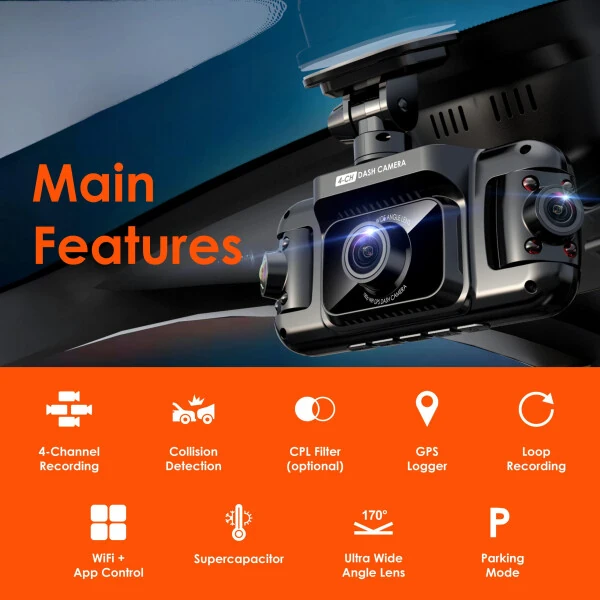 Rexing R4 4 Channel Dash Cam W/ All Around 1080p Resolution, Wi-Fi, and GPS - 7