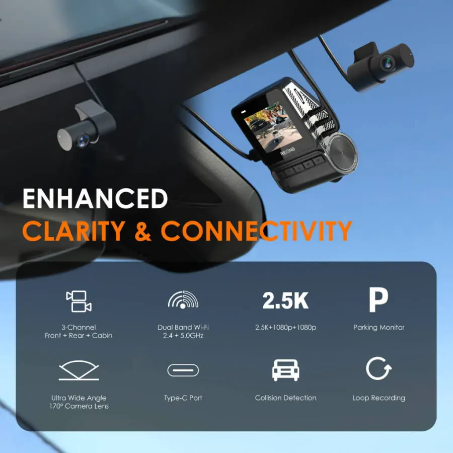 Rexing RH2-3 Triple Channel Dash Cam – 2.5K Front and Dual 1080p Rear Cameras with Wi-Fi, and Optional GPS - 1
