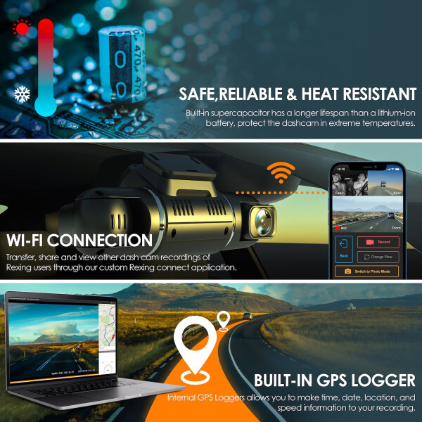 Rexing V2 Pro AI Dash Cam, 3-Channel Front/Cabin/Rear 1080p Recording with Wi-Fi and GPS - 5