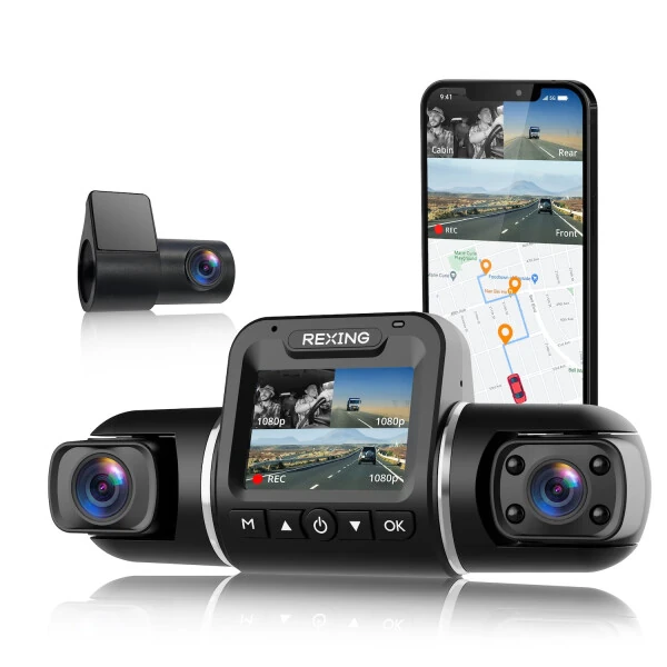 Rexing V2 Pro AI Dash Cam, Wi-Fi va GPS bilan 3 Kanalli Old/Salonda/Orqada 1080p Yozuv - REXING
