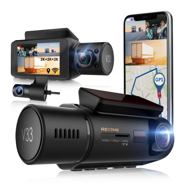 Rexing V33 3 Channel 1440p+1440p+1440p Front, Cabin and Rear Camera Dashcam with Built-in Wi-Fi & GPS - 1