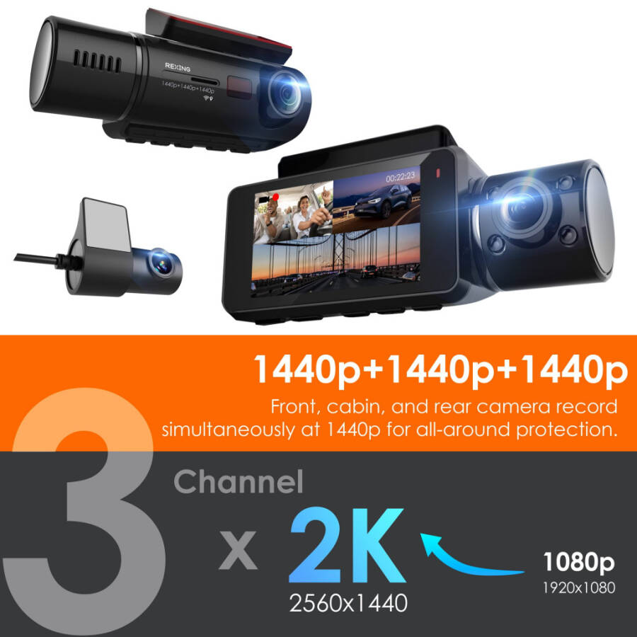 Rexing V33 3 Channel 1440p+1440p+1440p Front, Cabin and Rear Camera Dashcam with Built-in Wi-Fi & GPS - 7