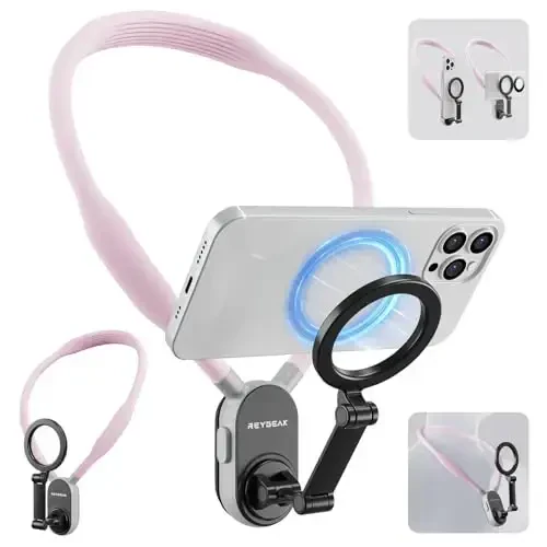 REYGEAK Magnetic POV/Vlog Phone Neck Mount Holder for Magsafe iPhone 16/15/14/13/12 Pro Mini/Plus/Pro/Pro Max, Hand Free Chest Stand Video Recording for Mobile Phone Accessory (Sakura Pink) - REYGEAK