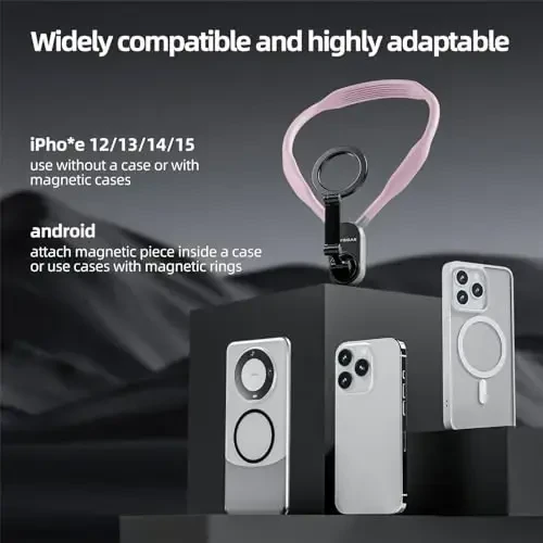 REYGEAK Magnetic POV/Vlog Phone Neck Mount Holder for Magsafe iPhone 16/15/14/13/12 Pro Mini/Plus/Pro/Pro Max, Hand Free Chest Stand Video Recording for Mobile Phone Accessory (Sakura Pink) - 2