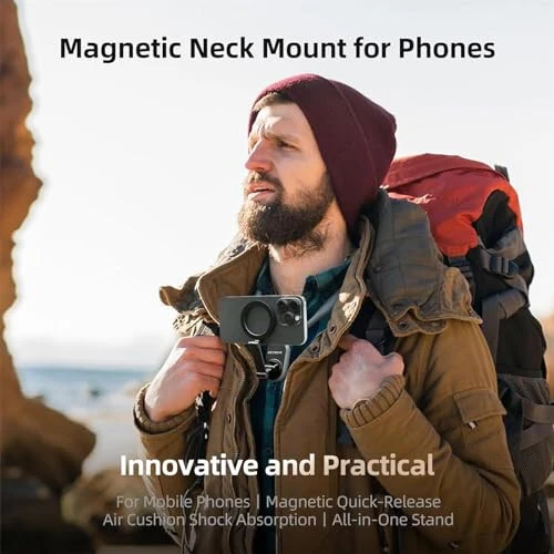 REYGEAK Magnetic Neck Phone Mount,2024 New POV/Vlog Phone Holder for Magsafe iPhone 16/15/14/13/12 Pro Mini/Plus/Pro/Pro Max,Hand Free Chest Stand Video Recording for Android Phone Accessory(Grey) - 6
