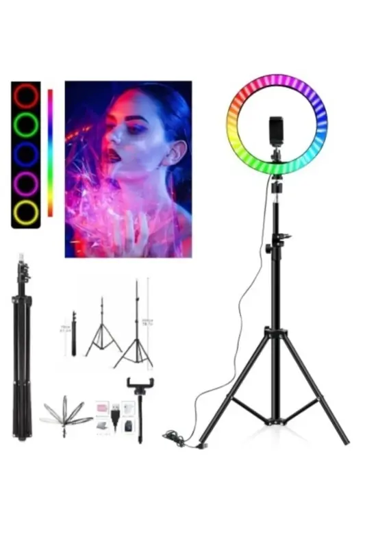 Rgb Ring Light Youtuber Tiktok Çekim Telefon Tutucu Renkli Makyaj Işığı 10 Inç +2. Mt Tripod-RENKLİ 10 - 2
