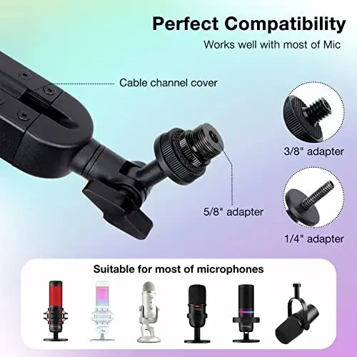 Boom Arm with RGB Light - Mic Arm for HyperX QuadCast, Blue Yeti, Shure SM7B, Rode and Most Gaming Mic, Height adjustable Mic Boom Arm Microphone Arm, Desk Mic Stand for Most USB Microphone By SUNMON - 3