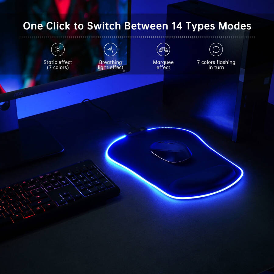 RGB Mouse Pad with Wrist Rest, Jelly Comb LED Gaming Mouse Pad with Memory Foam Wrist Support, Pain Relief Mousepad with Non-Slip Rubber Base - 12