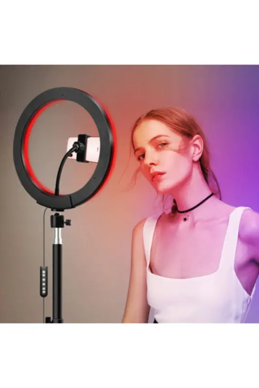Rgb Ring Light Youtuber Tiktok Shooting Phone Holder Colorful Makeup Light 10 Inch +2 Mt Tripod-RENKLİ 10 - 1