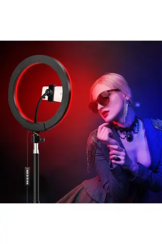Rgb Ring Light Youtuber Tiktok Shooting Phone Holder Colorful Makeup Light 10 Inch +2 Mt Tripod-RENKLİ 10 - 6