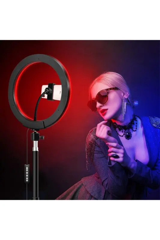 Rgb Ring Light Youtuber Tiktok Shooting Phone Holder Colorful Makeup Light 10 Inch +2 Mt Tripod-RENKLİ 10 - 6