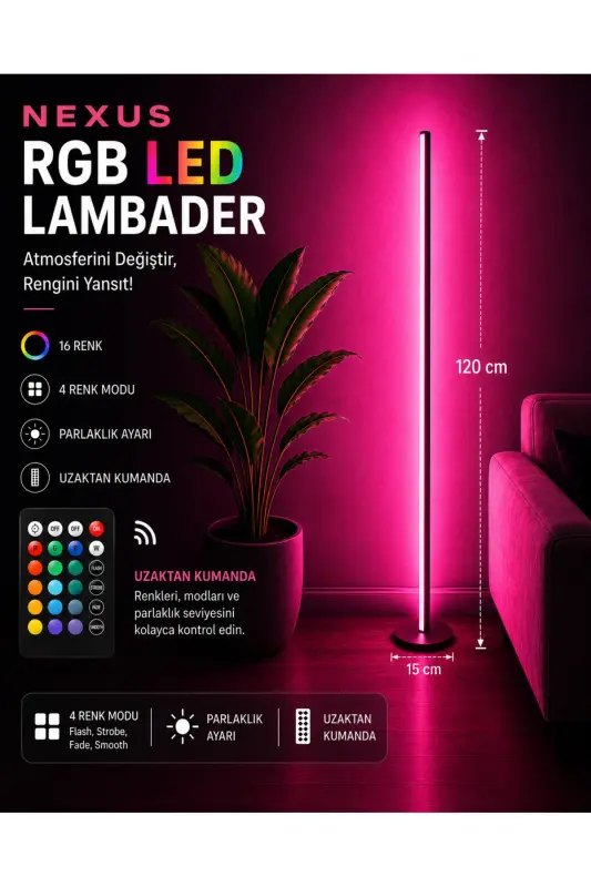Nexus Rgb Stıck Led Lambader Full Renk Full Rgb Uzaktan Kumandalı Aydınlatma Sistemi Dimlenebilir - Siyah - NEEKO