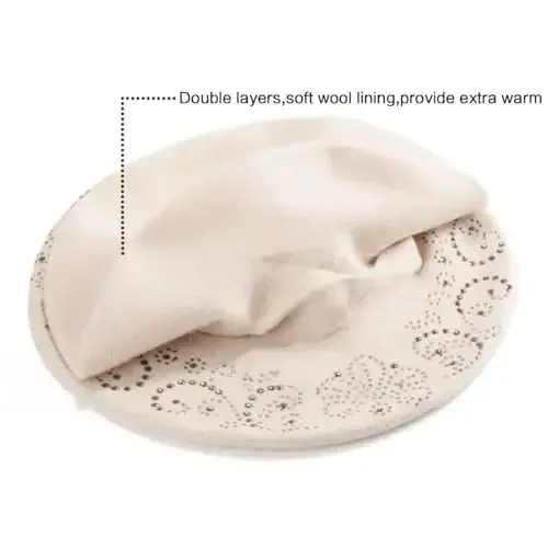 Rhinestone ayollar uchun beret shlyapalari 2 qavatli junli fransuz trikotaj shapkasi xonim qish qora - 3