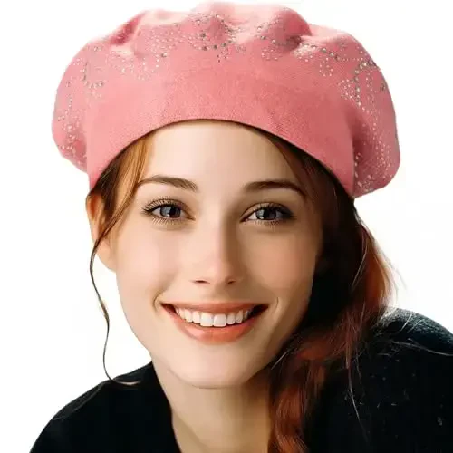 Rhinestone ayollar uchun beret shlyapalari 2 qavatli junli fransuz trikotaj shlyapa xonim qish qora 
