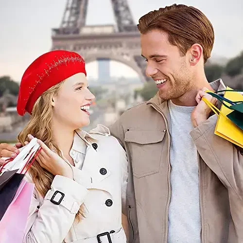 Rhinestone Beret Ayollar uchun Shapka 2 Qavatli Jun Frantsuz Trikotaj Qalpog'i Ayol Qish Qora - 5