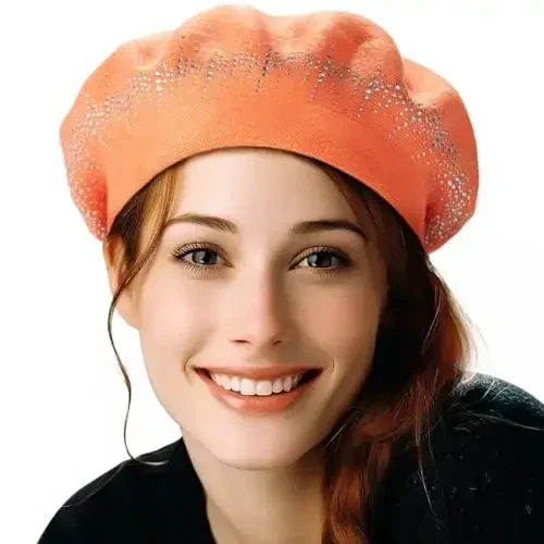 Rhinestone Beret Ayollar uchun Shapka 2 Qavatli Jun Frantsuz Trikotaj Shlyapa Qishki Qora - 2