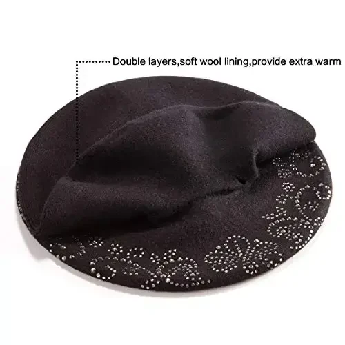 Rhinestone Beret Hats for Women 2 Layers Wool French Knit Cap Lady Winter Black - 3