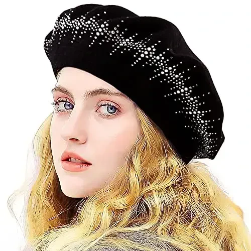 Rhinestone Beret Ayollar uchun Shlyapalar 2 Qavatli Jun Frantsuz Trikotaj Shapka Xonim Qish Qora - 4