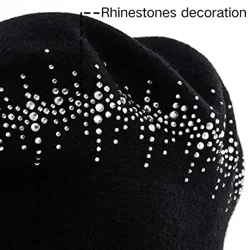 Rhinestone Beret Ayollar uchun Shlyapalar 2 Qavatli Jun Frantsuz Trikotaj Shapka Xonim Qish Qora - 6