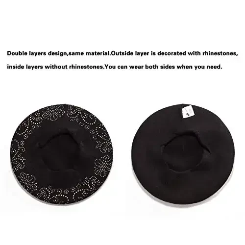 Rhinestone Beret Hats for Women 2 Layers Wool French Knit Cap Lady Winter Black - LADYBRO (1)