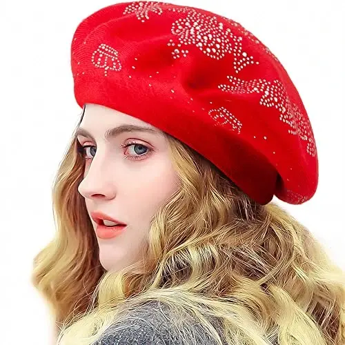 Rhinestone Beret Hats for Women 2 Layers Wool French Knit Cap Lady Winter Black - 1
