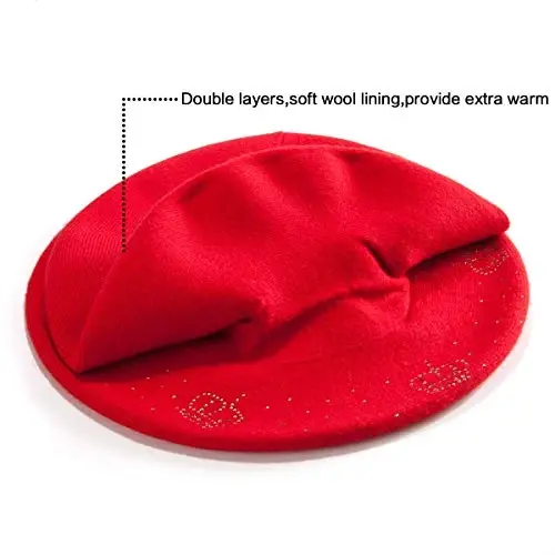 Rhinestone Beret Hats for Women 2 Layers Wool French Knit Cap Lady Winter Black - 3