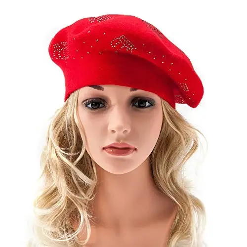 Rhinestone Beret Hats for Women 2 Layers Wool French Knit Cap Lady Winter Black - 4