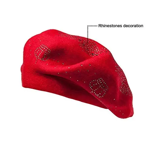 Rhinestone Beret Hats for Women 2 Layers Wool French Knit Cap Lady Winter Black - 6