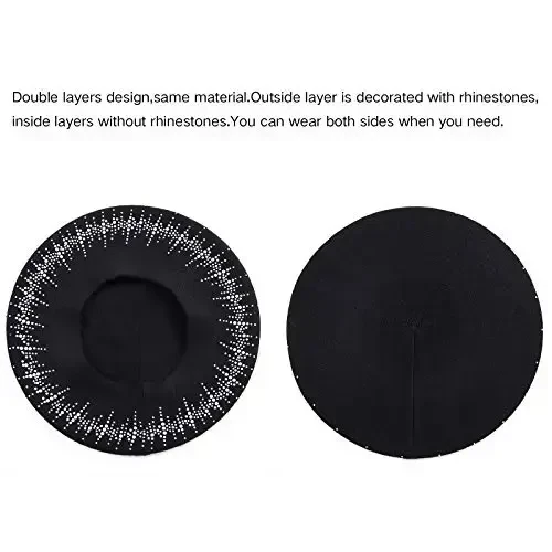 Rhinestone Beret Hats for Women 2 Layers Wool French Knit Cap Lady Winter Black - 2